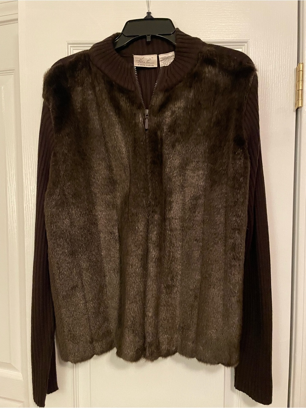 Kathie Lee Collection Brown Faux Fur Front Zip Sweater